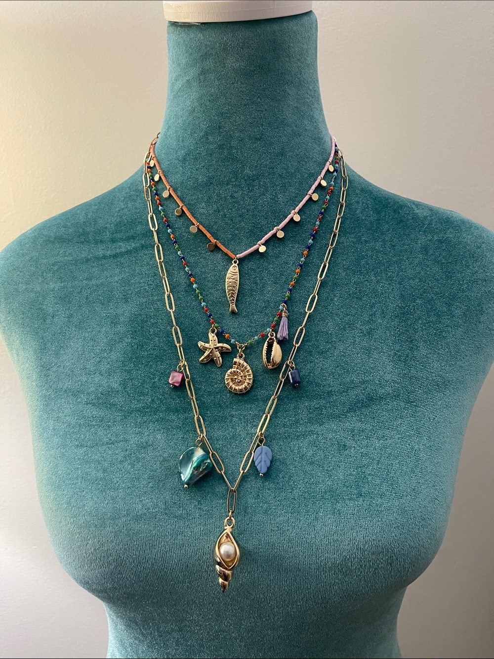 NATURAL LIFE Layered Gold Charm Necklace with Multicolor Beads